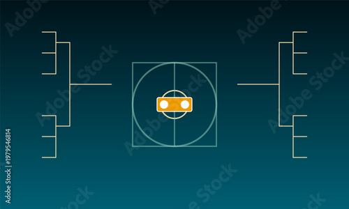 Hand-drawn digital sports tournament bracket infographic with geometric field icons on a dark blue gradient background authentic illustration