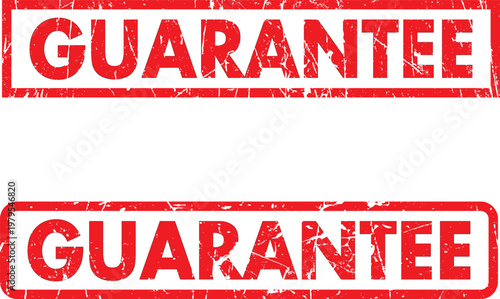Two red grunge rubber stamp style rectangular banners with the word GUARANTEE in white letters, conveying security and reliability