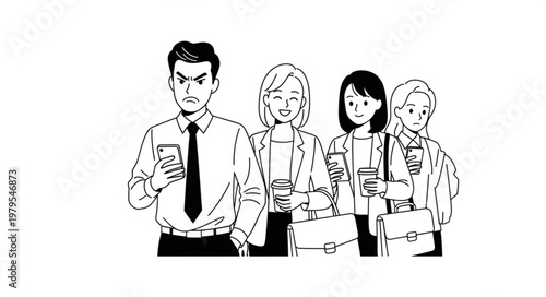 Group of office workers looking at their phones and holding coffee cups.