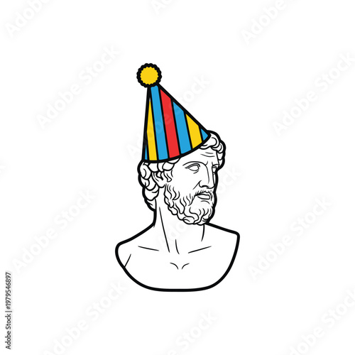 A cartoon bust of a man wearing a colorful party hat on his head