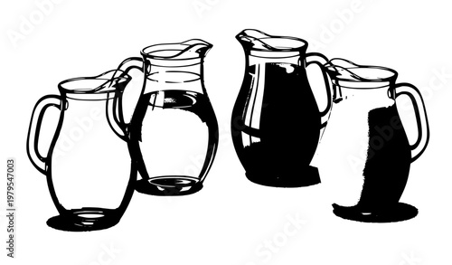 Realistic glass pitcher set with empty water juice and milk containers detailed transparent vector isolated on white