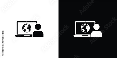 Black and white of people looking at laptops with earth on screen globe