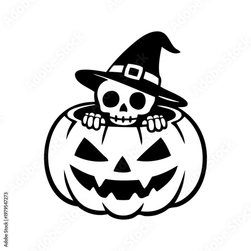 Logotipo con dibujo minimalista de un esqueleto con sombrero de bruja, asomando de una calabaza tallada de Halloween, para su uso en felicitaciones y tarjetas