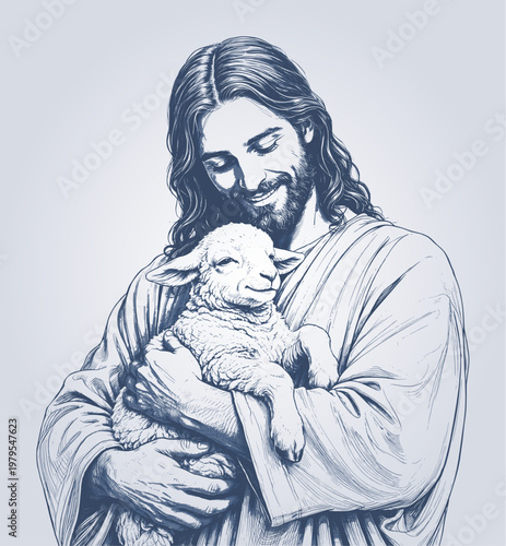 vector illustration of jesus christ is holding a little sheep (artwork 1)