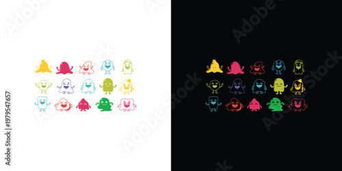 Colorful cartoon monsters on white and black background white background