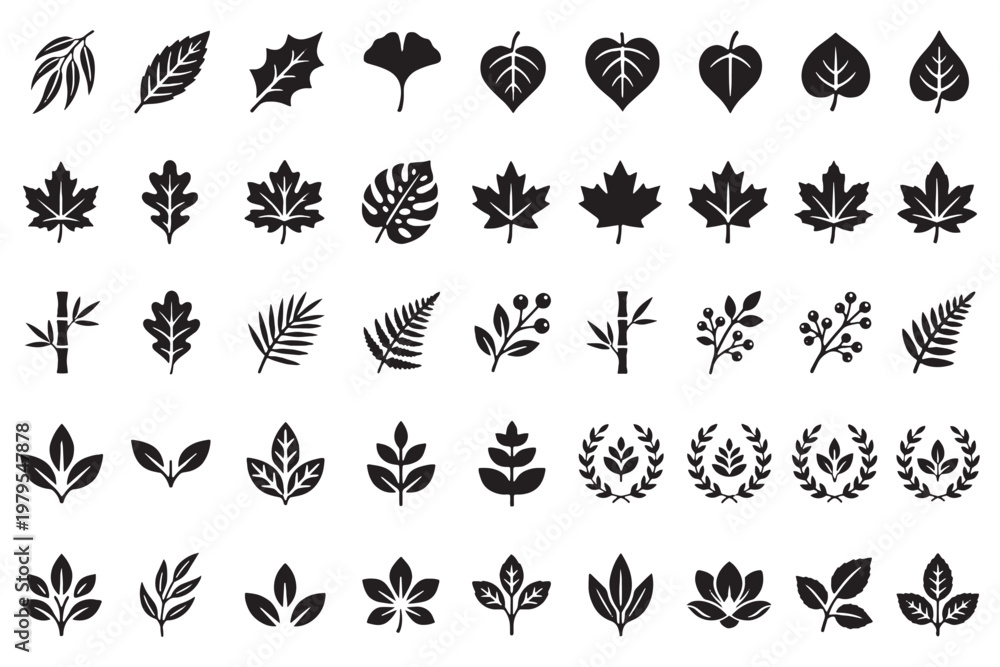 Fototapeta premium Black tree leaves vector set silhouette design elements representing growth and nature. Collection of simple leaf outline icons representing nature and growth minimalist vector graphics. 