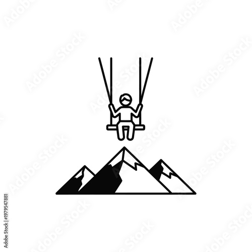 A person ziplining over a mountain range with a serene landscape