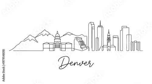 Minimalist Line Art Illustration of Denver City Skyline Featuring Mountains and Iconic Landmarks