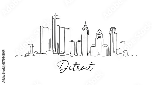 Minimalist Line Art Illustration of the Downtown Detroit Skyline with Artistic Label