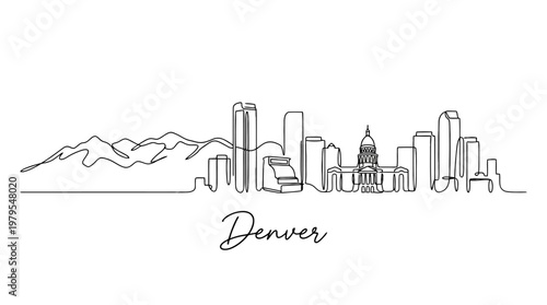Stylized minimalist continuous line drawing of Denver Colorado skyline with mountains and cityscape representing urban and