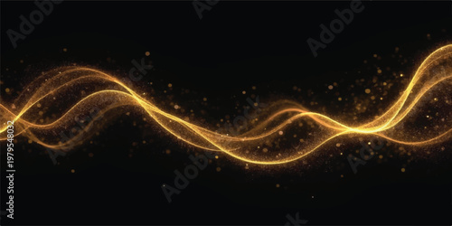 Golden abstract flowing wave of light particles and glittering dust on black background with wave pattern particle effect light trail energy science fiction abstract art design element