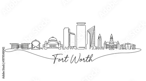 Minimalist Line Art Illustration Showcasing Fort Worth's Iconic Skyline Composition with Elegant Typography