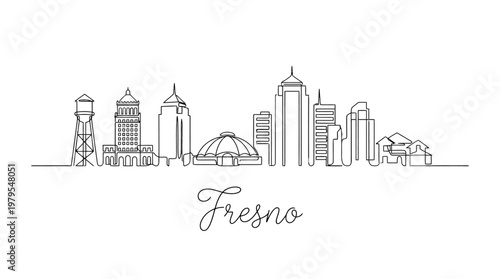 Minimalist Line Art Illustration of Fresno Skyline Featuring Iconic Architectural Structures