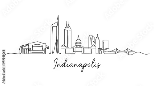 Minimalist Line Art Illustration of Indianapolis Skyline Featuring Signature Buildings and Cityscape for Urban Art and Modern