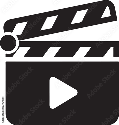 Film clapperboard, movie clapper, video production, play button icon, black vector graphics