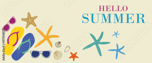 Hello summer beach poster and background vector. Colorful hand drawn flipflops, starfish, seashells and sunglasses on cream background, perfect for tropical vacation and coastal designs.
