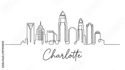 Elegant minimalistic line art depiction of Charlotte city skyline with iconic skyscrapers and the city name in stylish script