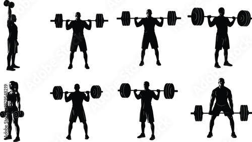 Fitness People Silhouette Set Featuring Athletic Men and Woman Lifting Heavy Barbell and Dumbbells Doing Strength Training Exercises Isolated on White Background for Sports Design