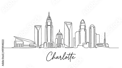 Minimalist line art illustration of a diverse city skyline representing Charlotte urban landscape visualized through continuous
