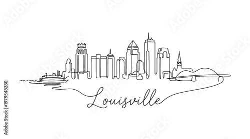 Minimalist line art illustration capturing the iconic silhouette of Louisville's skyline with detailed cityscape features and