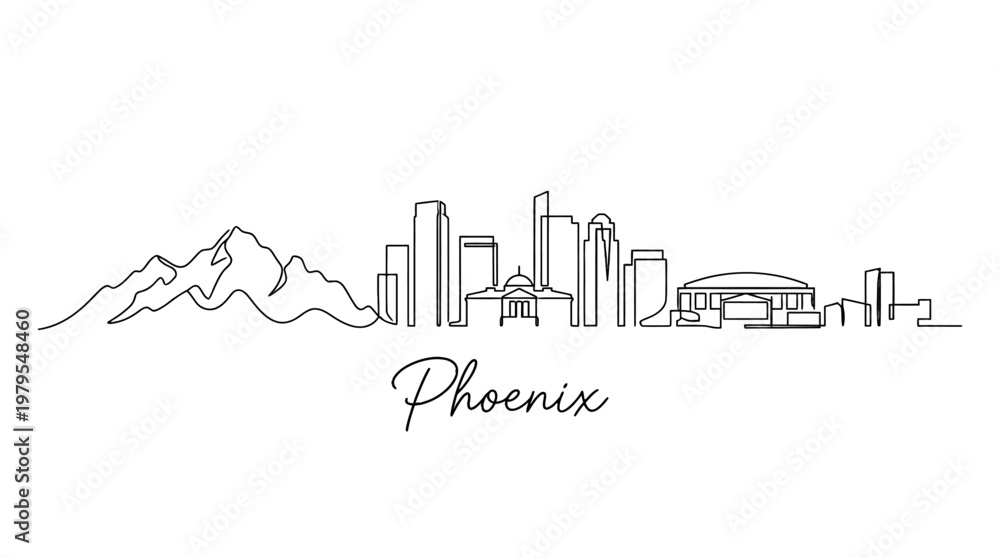 Fototapeta premium Minimalist black and white skyline illustration featuring mountain range and cityscape with elegant script label reading Phoenix