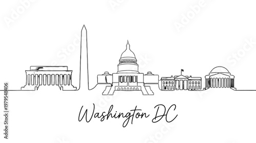 Minimalist Line Drawing of Washington DC Skyline Featuring Iconic Landmarks and Monochrome Elegance