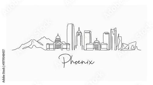 Minimalist skyline illustration capturing diverse architectural structures and natural mountain elements representing the city