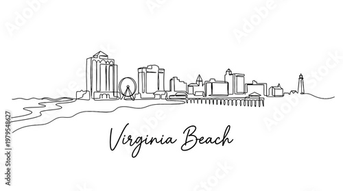 Stylized minimalistic cityscape outline showcasing Virginia Beach skyline with coastal scenery and iconic structures in elegant