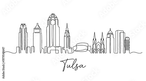 Minimalist Line Art Illustration of the Tulsa Skyline Featuring Diverse Tall Buildings and Cityscape Elements