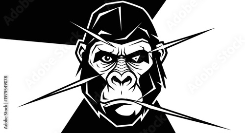 Aggressive Gorilla Face Black and White Vector Illustration