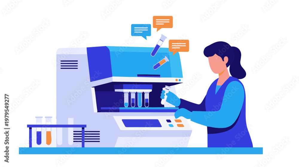 Fototapeta premium A woman in a lab coat operates a scientific machine to analyze samples.
