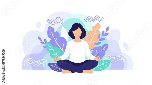 Woman meditates peacefully outdoors surrounded by vibrant plants and foliage in nature.