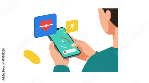 Man using phone with icons floating above screen