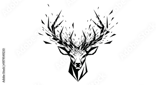 Abstract Deer Head Silhouette with Exploding Antlers, Wildlife Art