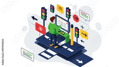 Man interacting with futuristic traffic light control panel on road
