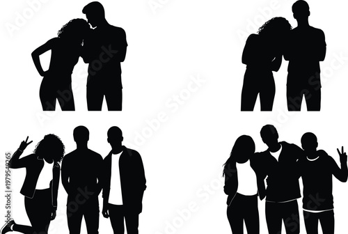 Happy Young People Silhouette Set Featuring Romantic Couples and Groups of Friends Standing Together in Joyful Poses Isolated on White Background for Social Media Marketing Designs