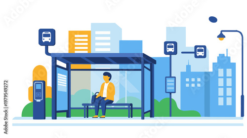A person sits waiting at a bus stop in an urban cityscape.