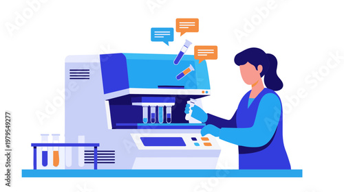 A woman in a lab coat operates a scientific machine to analyze samples.