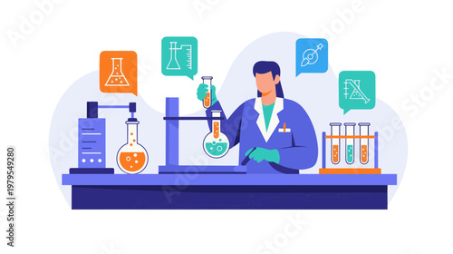 Scientist working in laboratory with equipment and chemicals on countertop