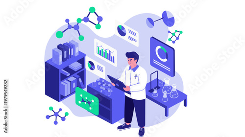 Scientist working in laboratory with various equipment and molecules around
