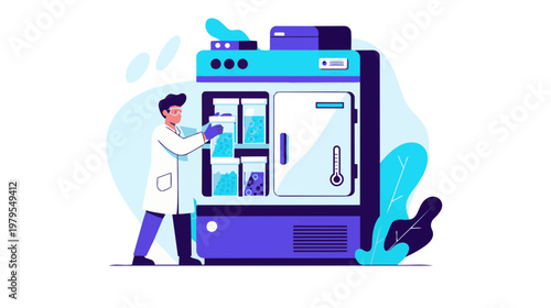 A scientist interacts with a large laboratory freezer in a science laboratory setting.