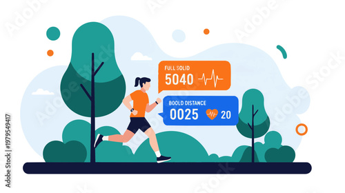 Runner jogging through park with trees and digital health stats displayed