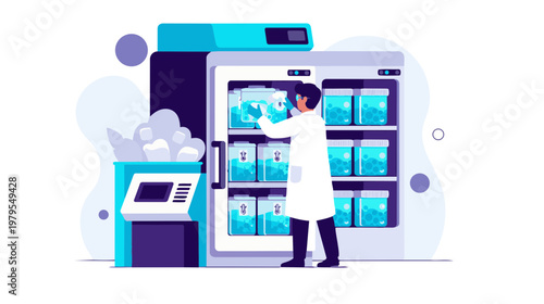 A scientist in a lab coat opens a refrigerator in a laboratory setting.