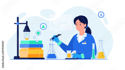 A woman conducts a science experiment in a laboratory setting with equipment.