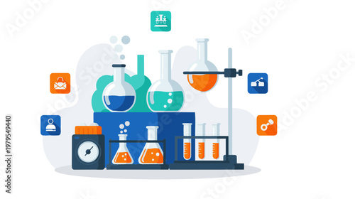 Scientists conducting experiments with various laboratory equipment and chemicals indoors
