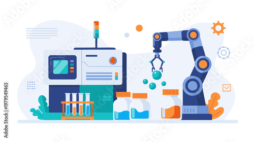 A robotic arm performs a laboratory test on a beaker in a modern industrial setting with machines and equipment.