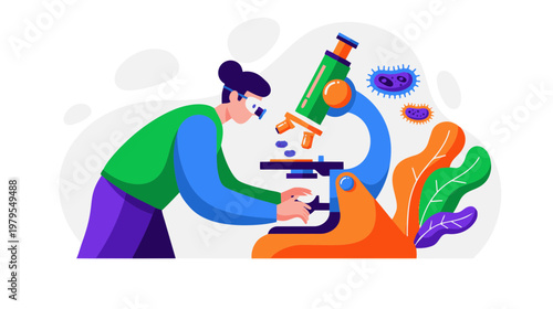 A scientist examines a colorful sample through a microscope in a laboratory setting.