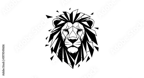 Geometric Lion Head Illustration, Low Poly Animal Art, Black and White