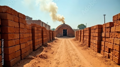 Clay Brick Kiln and Stacks of Fired Bricks at a Construction Site
