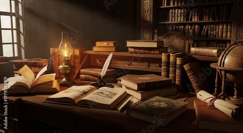 Vintage Study Room with Books and Lamp.